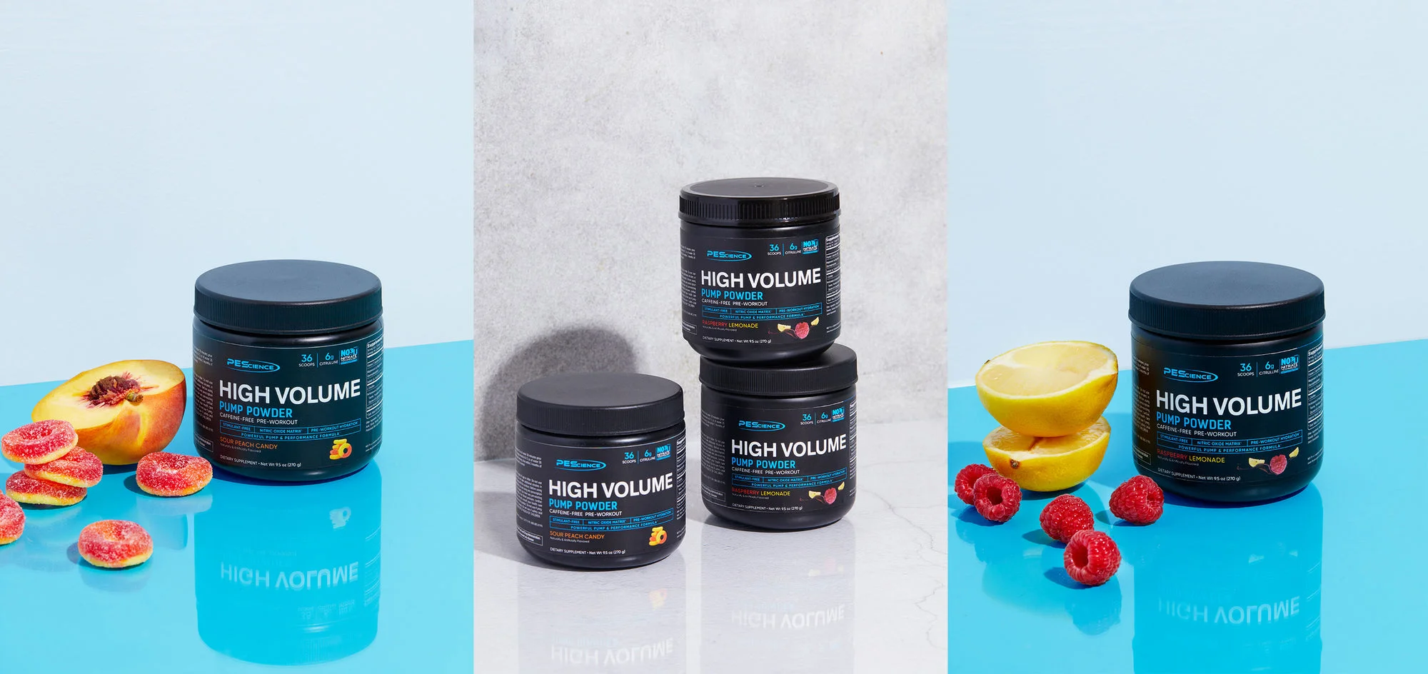 three multi-colored zones: on the first one, next to the product, half a peach and sweets, on the second three cans of a product with different flavors, on the third raspberry, two lemon slices and a product