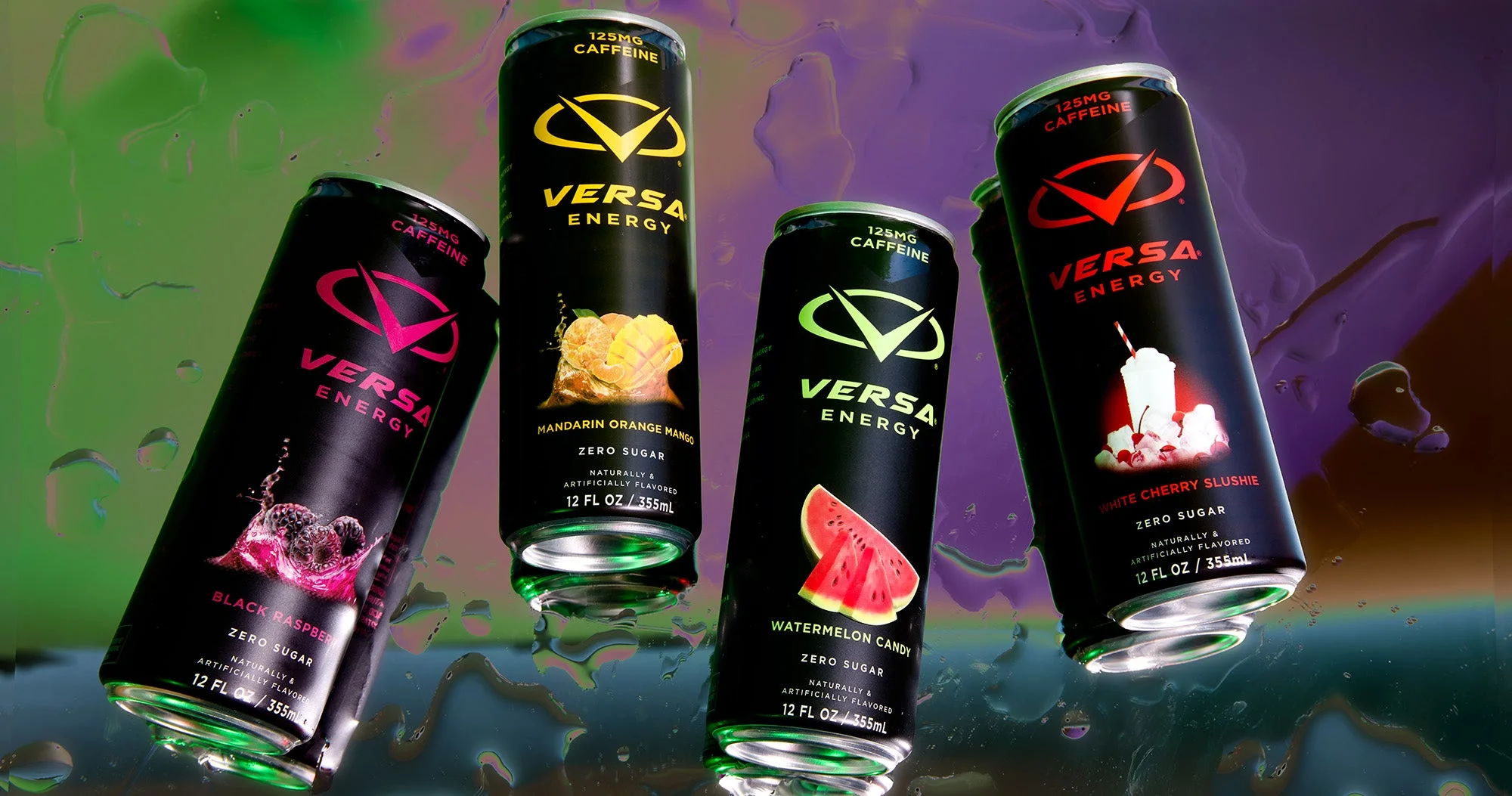 Versa Energy drinks in various flavors on a colorful background