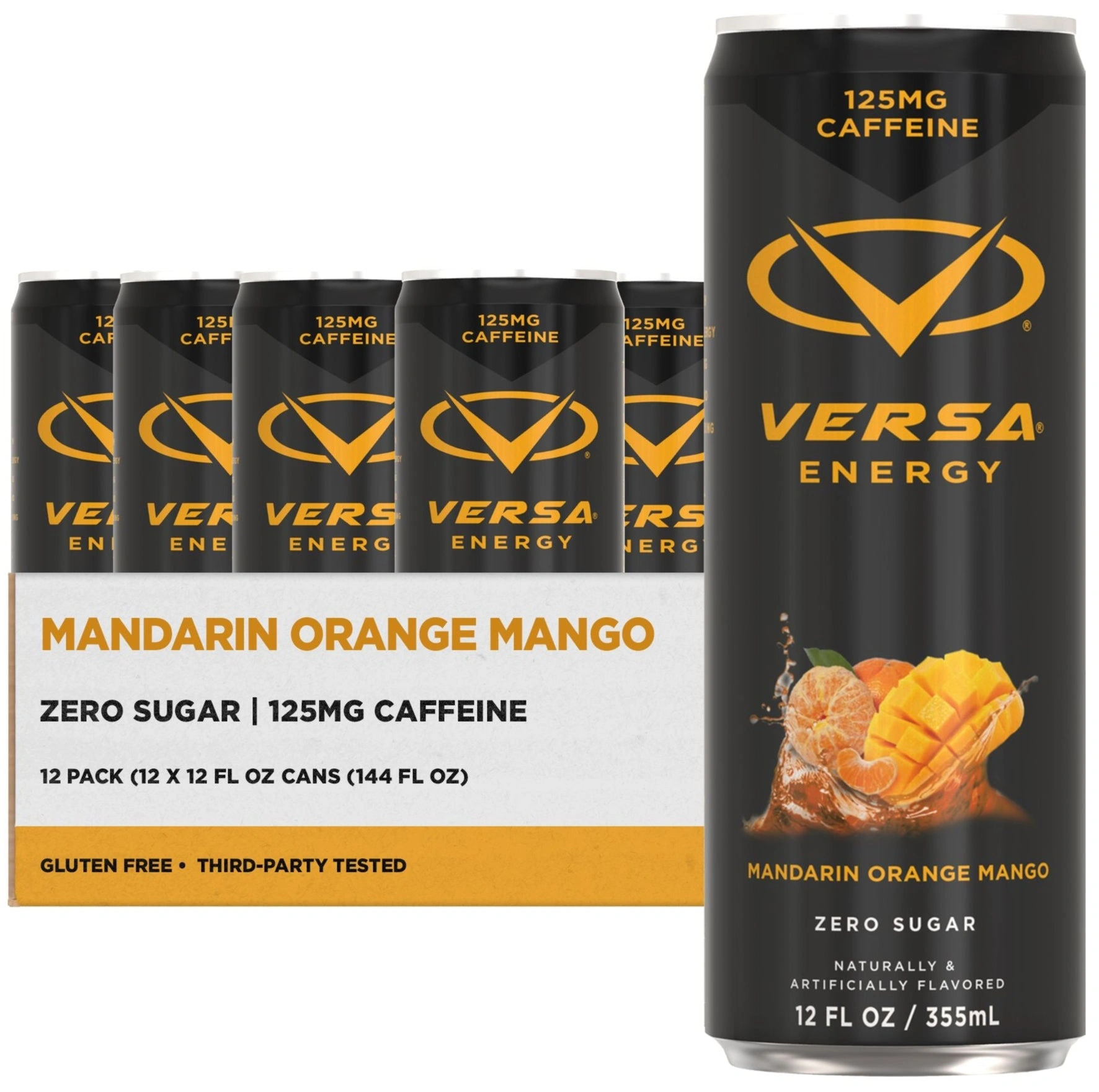 Versa Energy Mandarin Orange Mango drink can with packaging on a white background