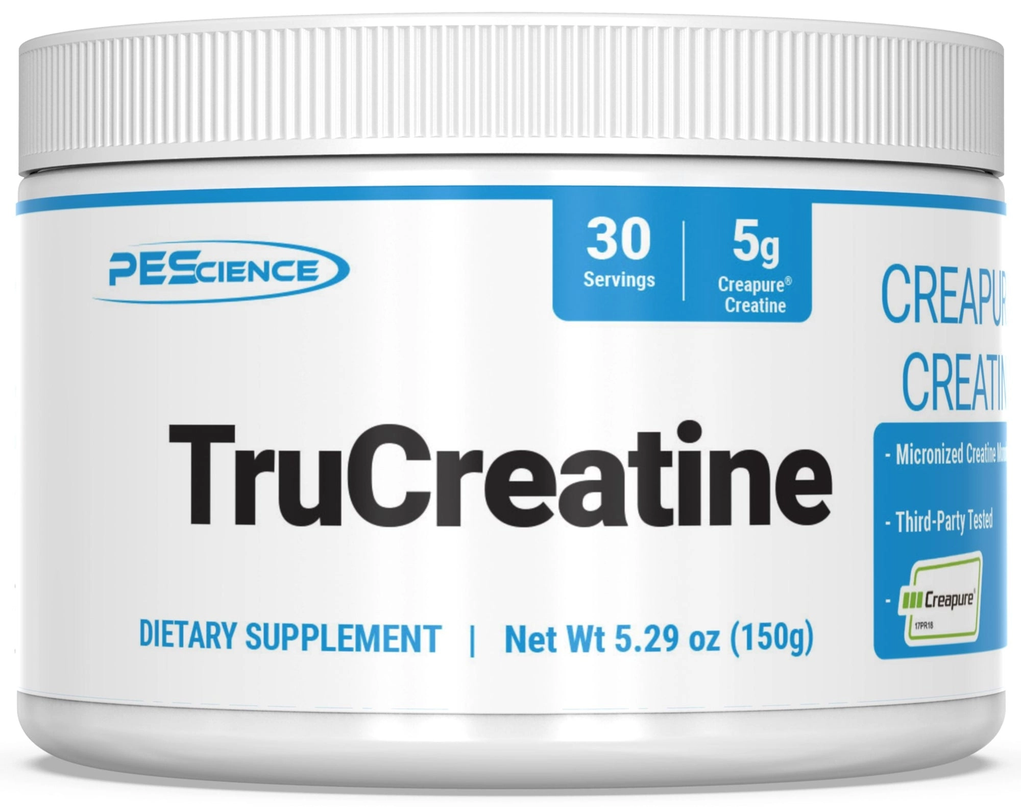 PEScience TruCreatine supplement container on a white background