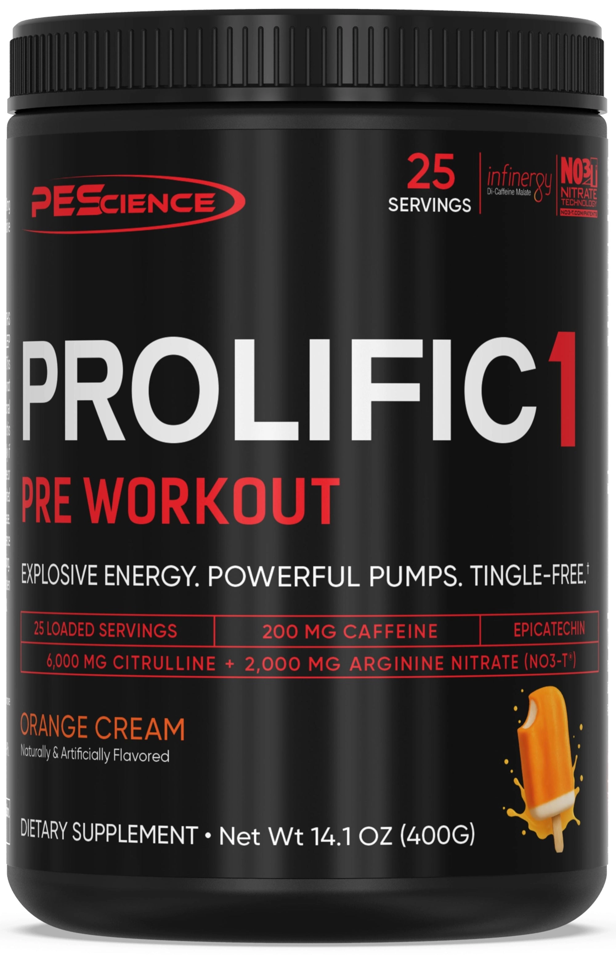 PEScience Prolific 1 pre-workout supplement container on a white background Orange Cream flavor